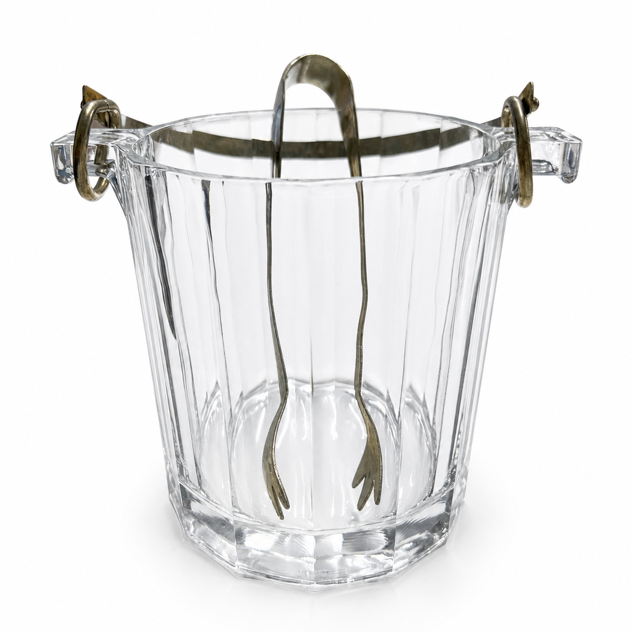Vintage Crystal Ice Bucket with Brass Tongs