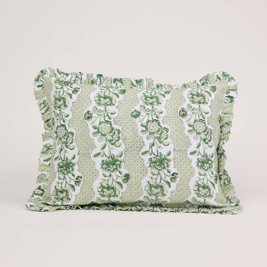 BLOCK PRINTED RUFFLE CUSHION COVER - GREEN BLOOMING TRELLIS