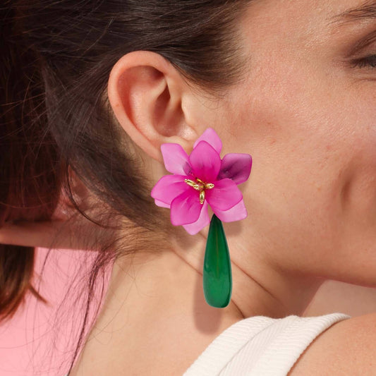 Fuschia Floral Clip On Earring With Green Drop