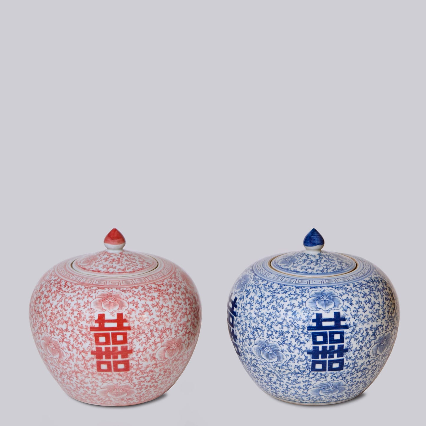Double Happiness Red & White Squat Porcelain Finial Jar