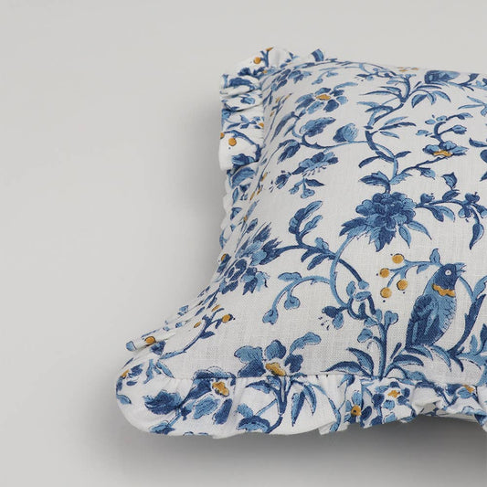 Blue Robin & Peony Block Printed Ruffled Cushion Cover
