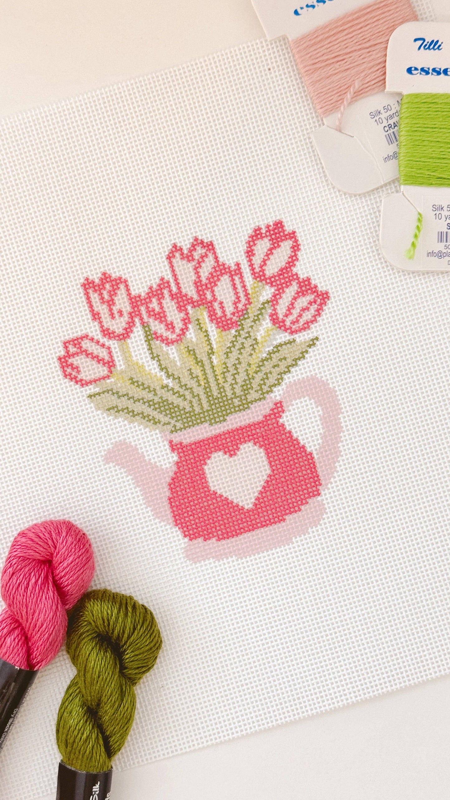Heart Flower Teapot Needlepoint Canvas, 3”x4", 18 Mesh
