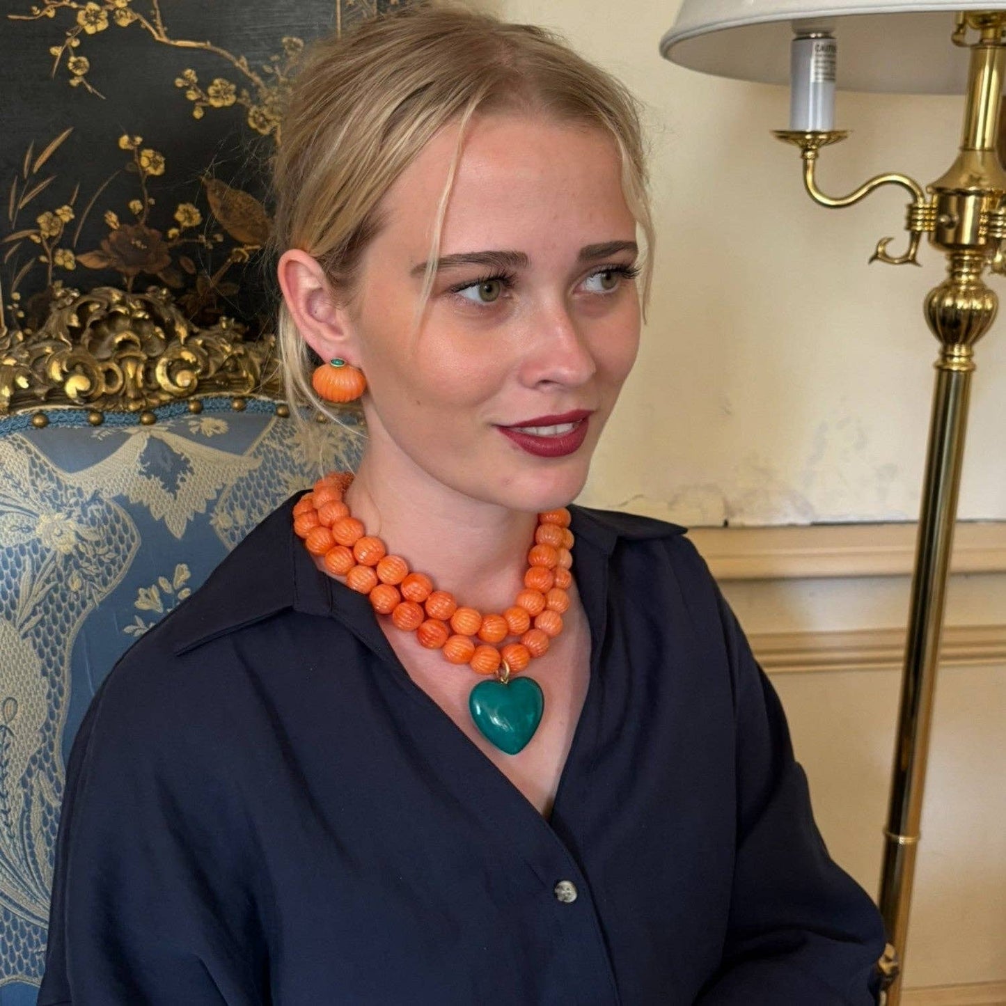 Luisa Carved Coral And Jade Earrings