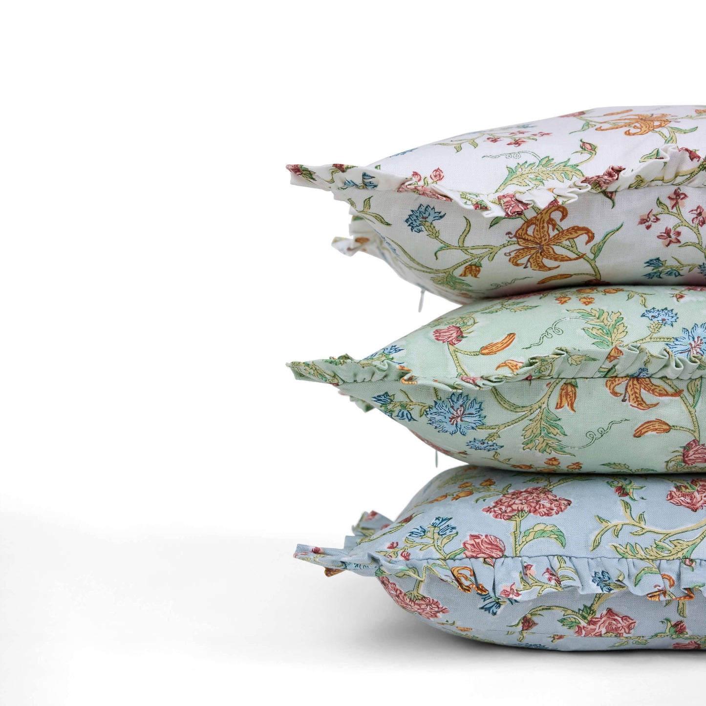 BLOCK-PRINTED RUFFLED CUSHION COVER - SKY VANA
