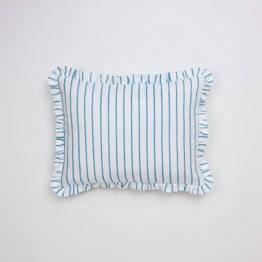 BLOCK PRINTED RUFFLED CUSHION COVER SHADOW STRIPE BLUE