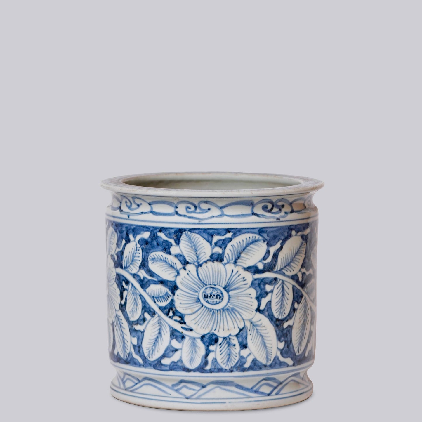 Blue and White Porcelain Floral Cachepot with Indented Rim