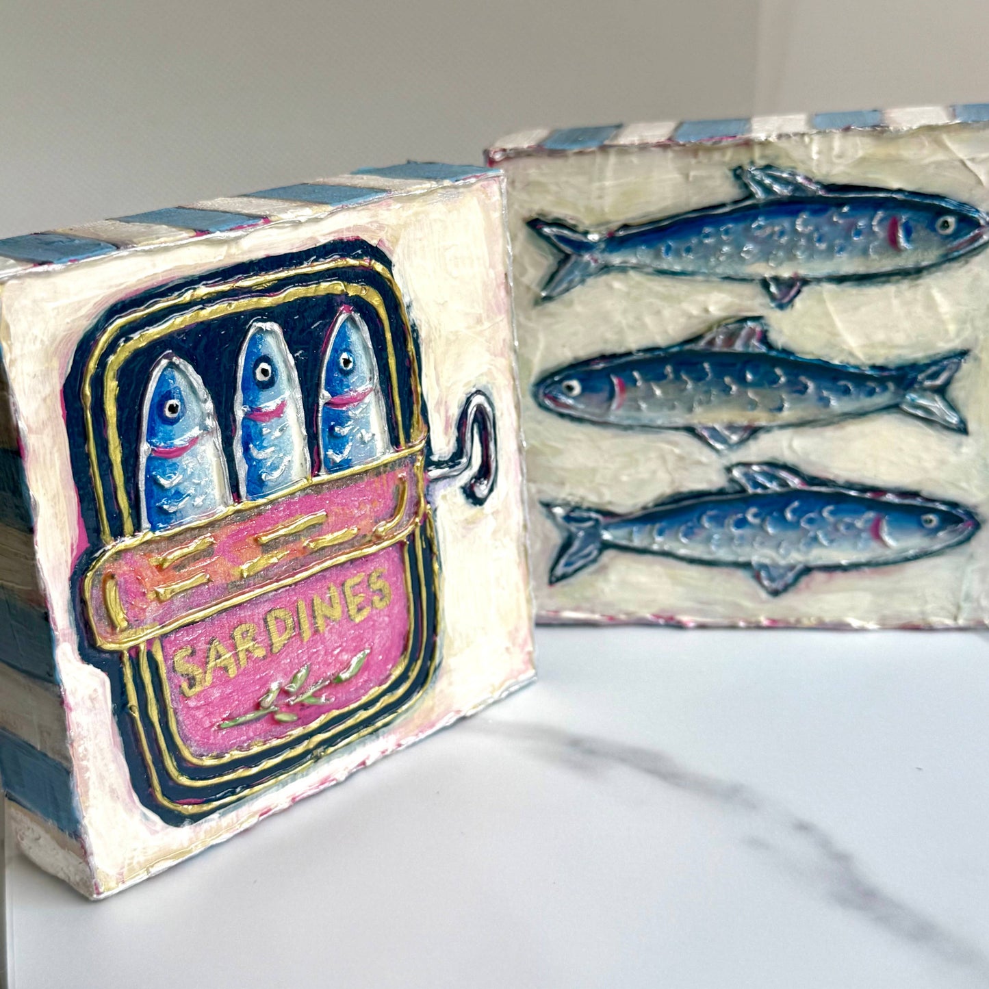 Sardine Tin Textured Handpainted Wood Block Art