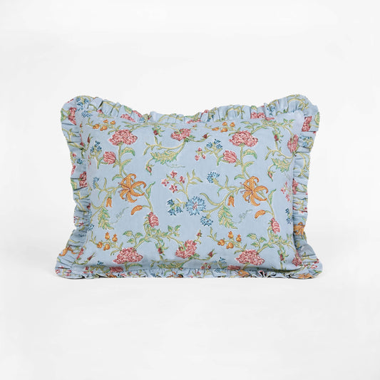 BLOCK-PRINTED RUFFLED CUSHION COVER - SKY VANA