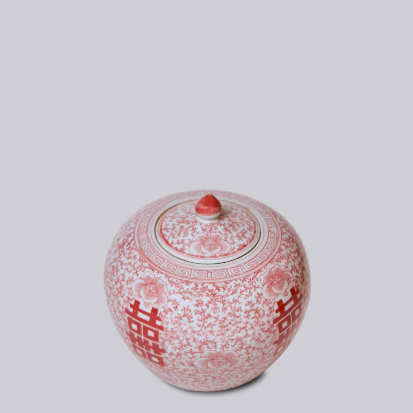 Double Happiness Red & White Squat Porcelain Finial Jar