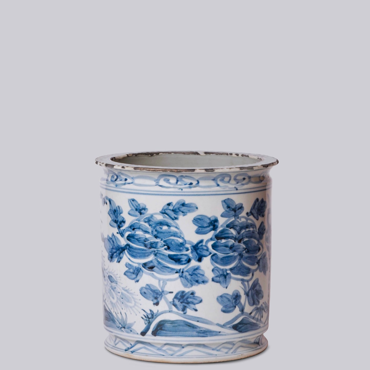 Rustic Peacock Blue and White Porcelain Cachepot