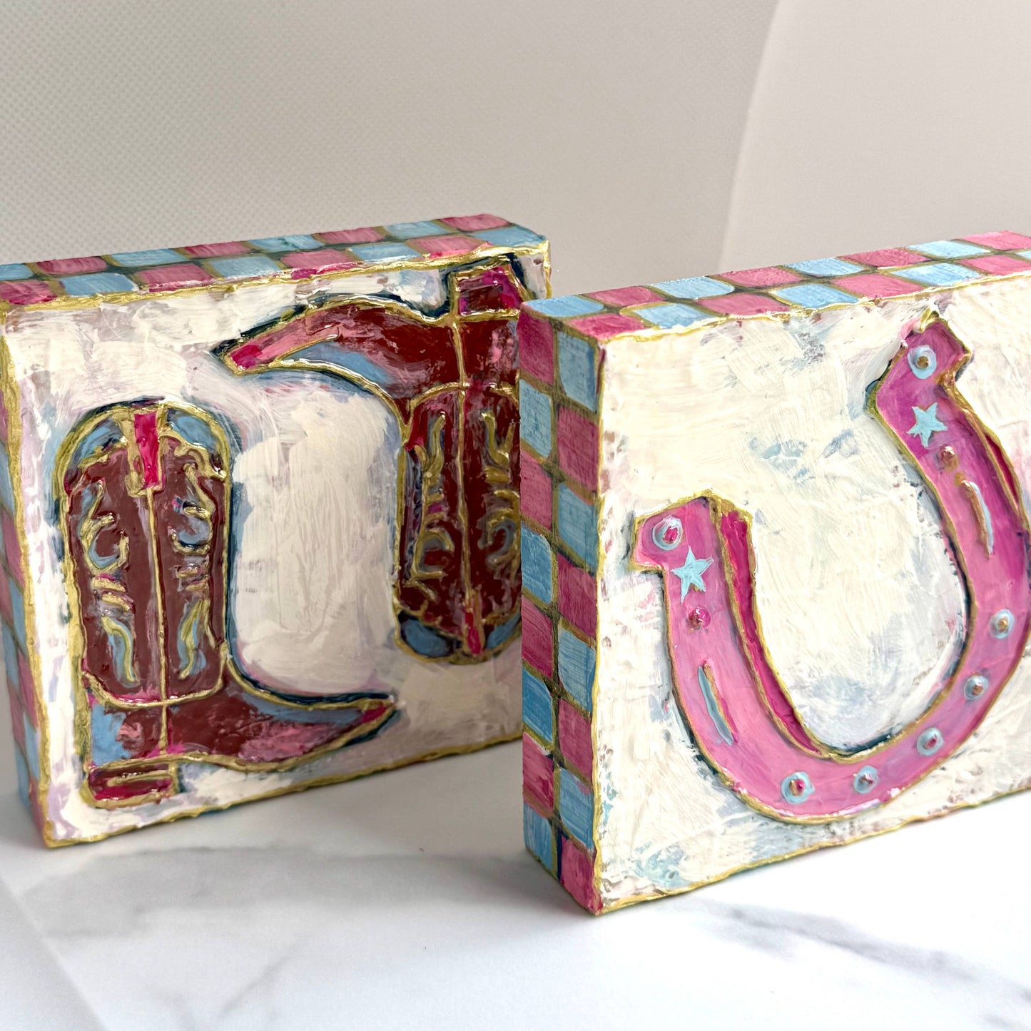 Pastel Cowboy Boots Textured Handpainted Wood Block Art⁠