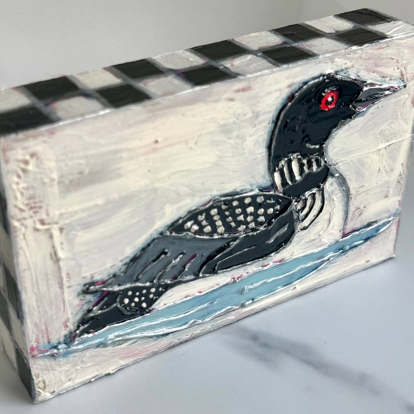 Loon Bird in Water Textured Handpainted Wood Art