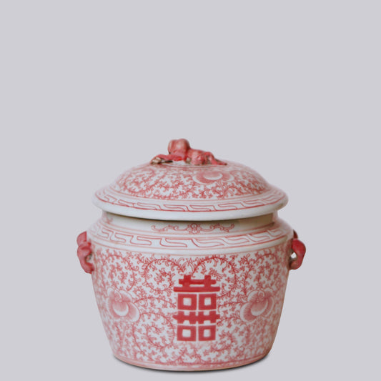 Red and White Porcelain Double Happiness Lug Jar