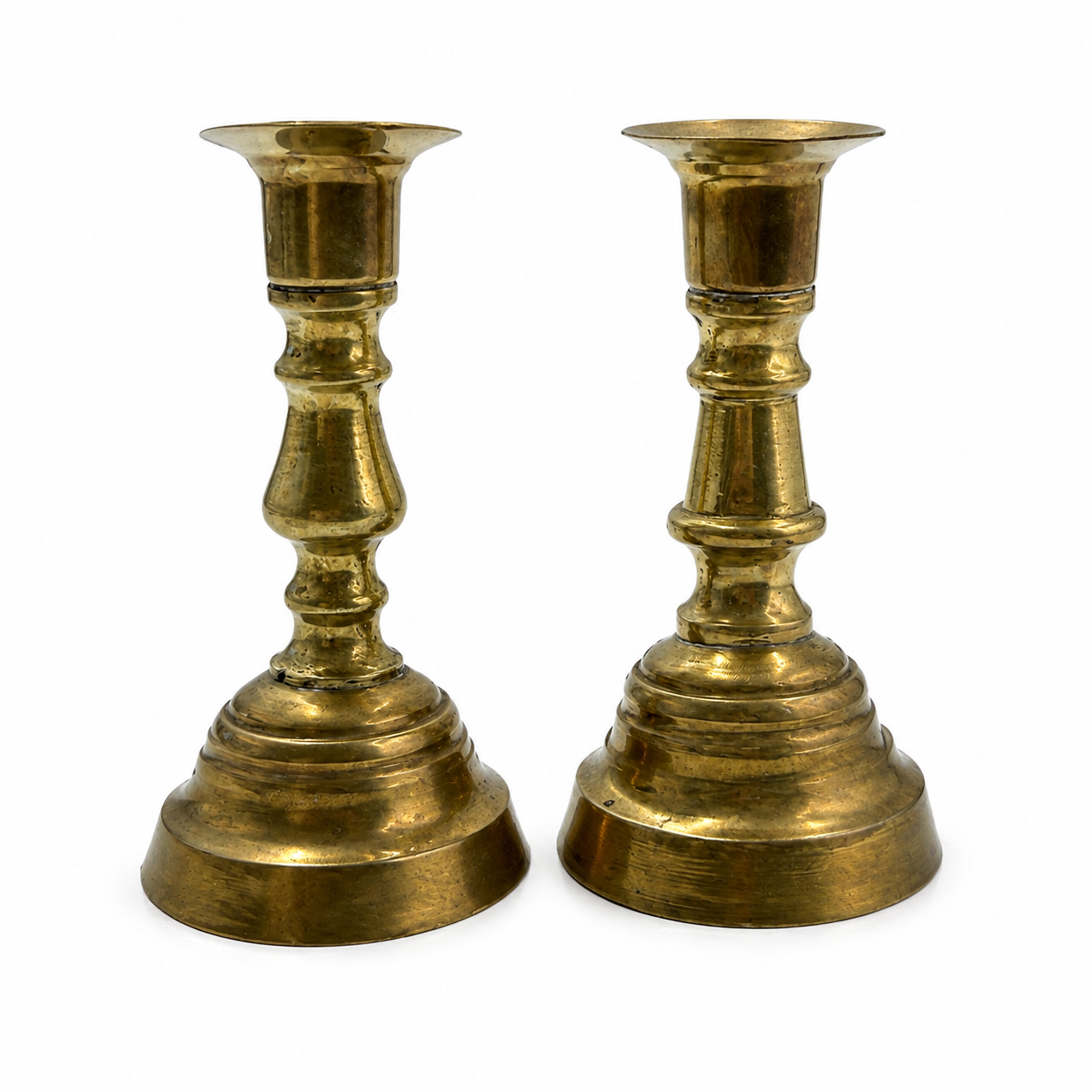 Vintage Turned Brass Candlesticks, Pair