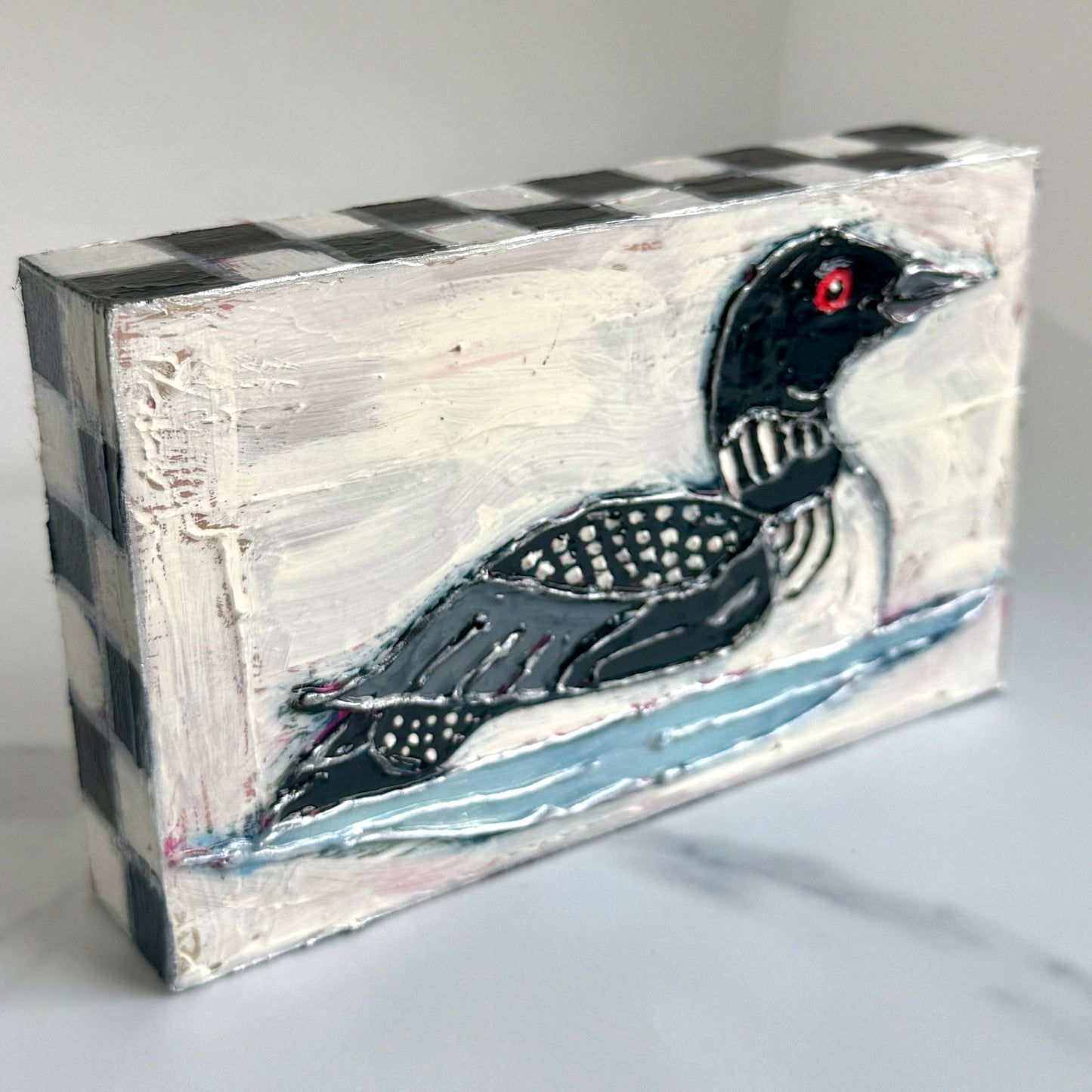 Loon Bird in Water Textured Handpainted Wood Art