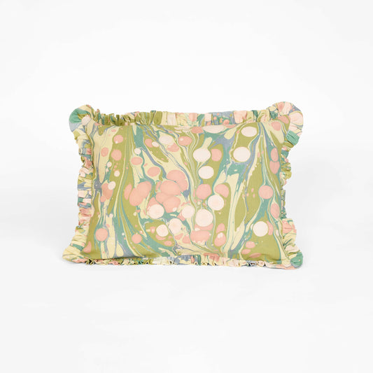 MARBLED RUFFLED CUSHION COVER - MOSS BUBBLE