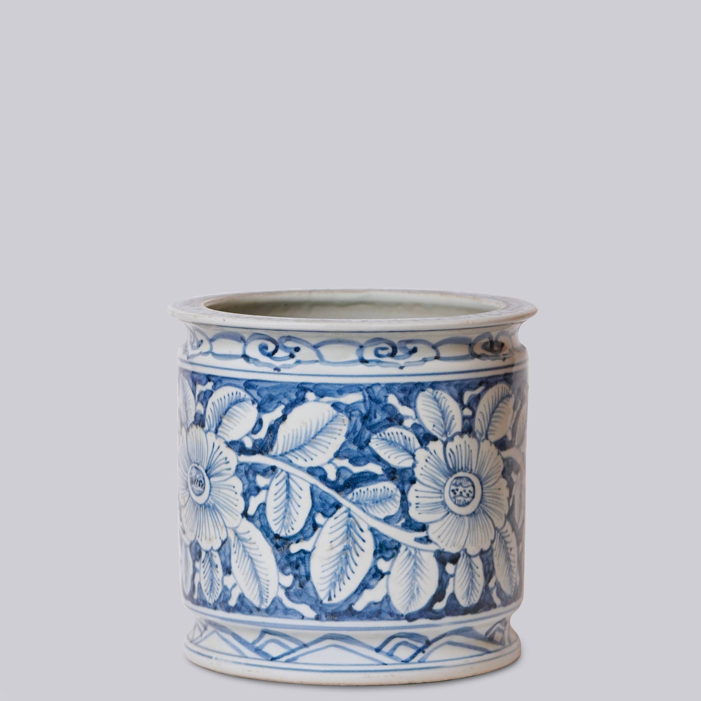 Blue and White Porcelain Floral Cachepot with Indented Rim