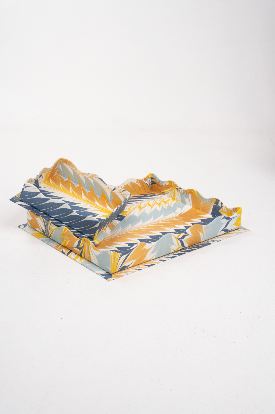 Small Nesting Hand-Marbled Trays- Golden Blue