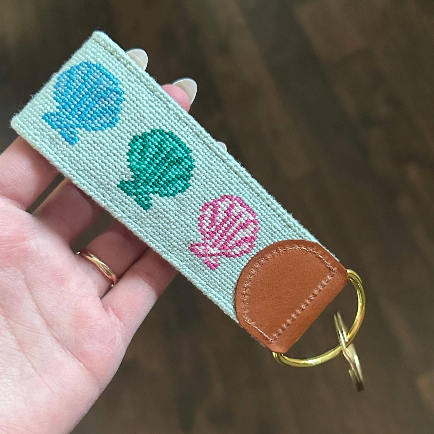 Rainbow Seashell Keychain Key Fob needlepoint