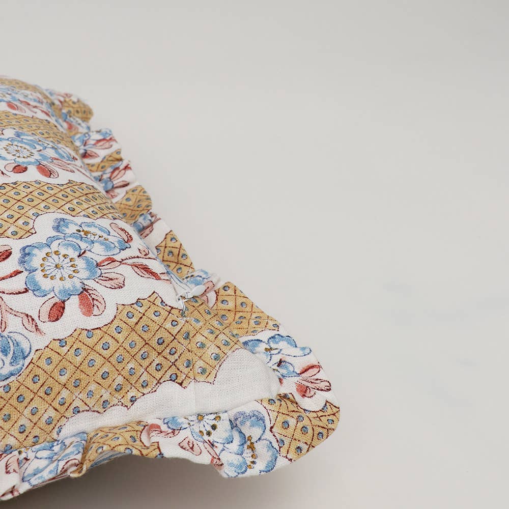 Yellow Blooming Trellis Block Printed Ruffled Cushion Cover