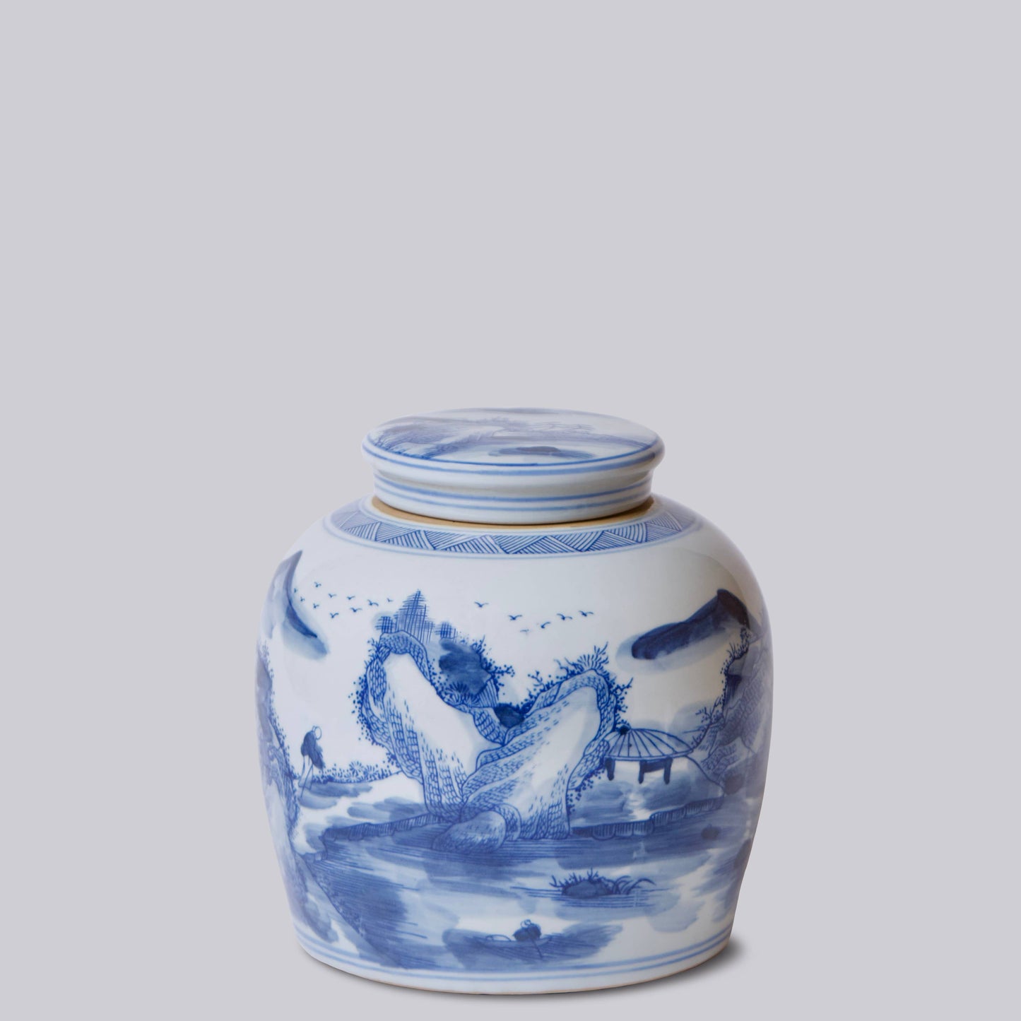 Willow Ware Blue and White Porcelain Round Storage Jar