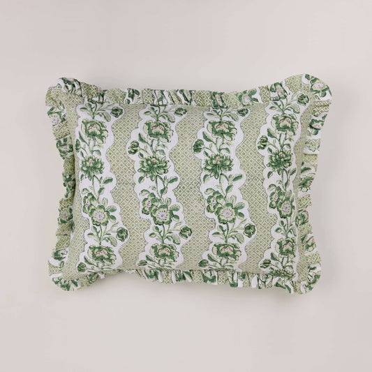 BLOCK PRINTED RUFFLE CUSHION COVER - GREEN BLOOMING TRELLIS