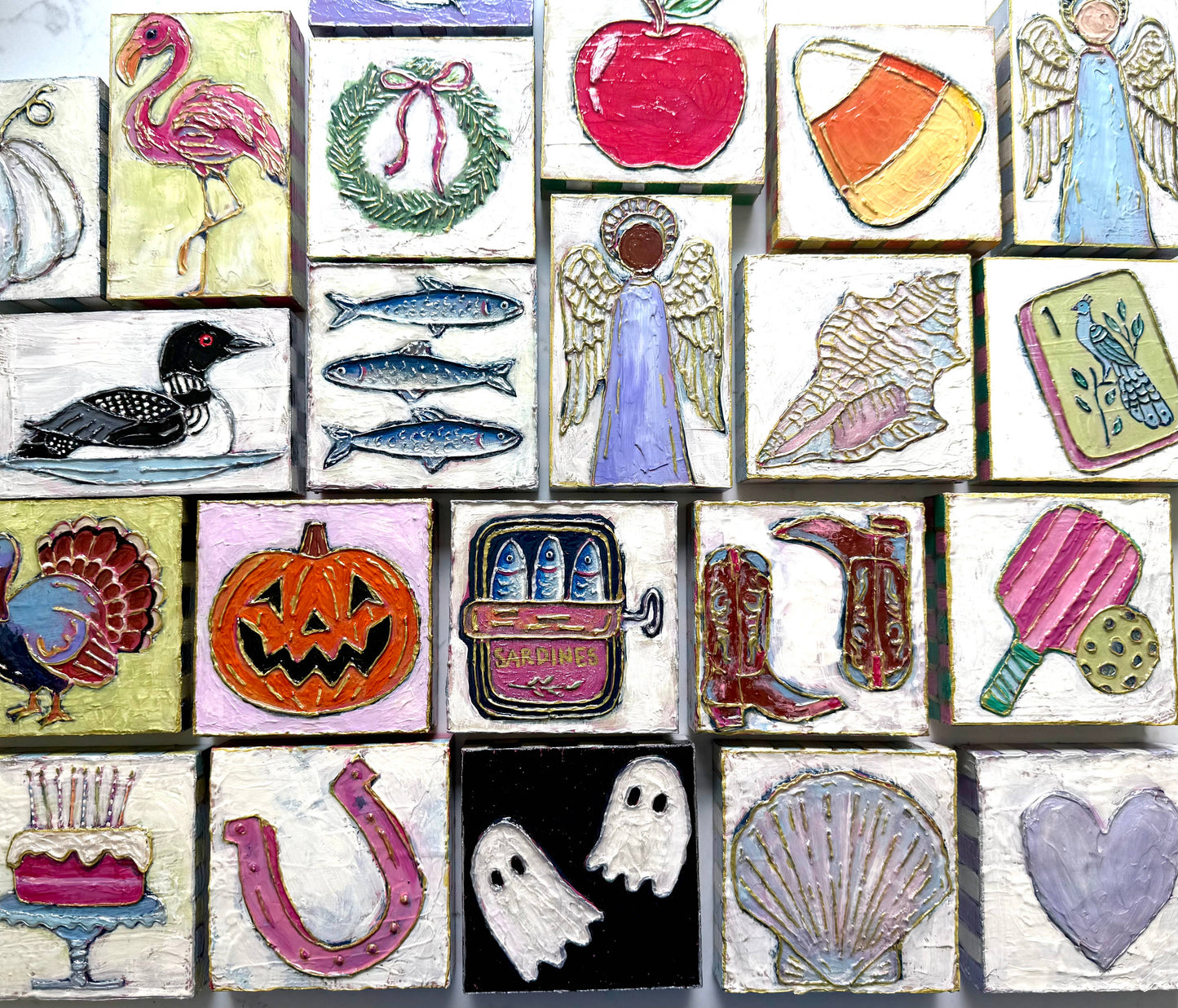 Sardines Textured Handpainted Wood Block Art
