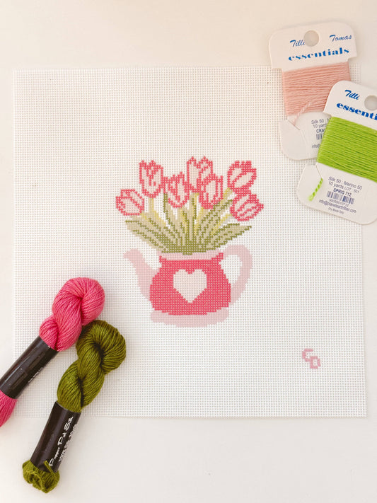 Heart Flower Teapot Needlepoint Canvas, 3”x4", 18 Mesh