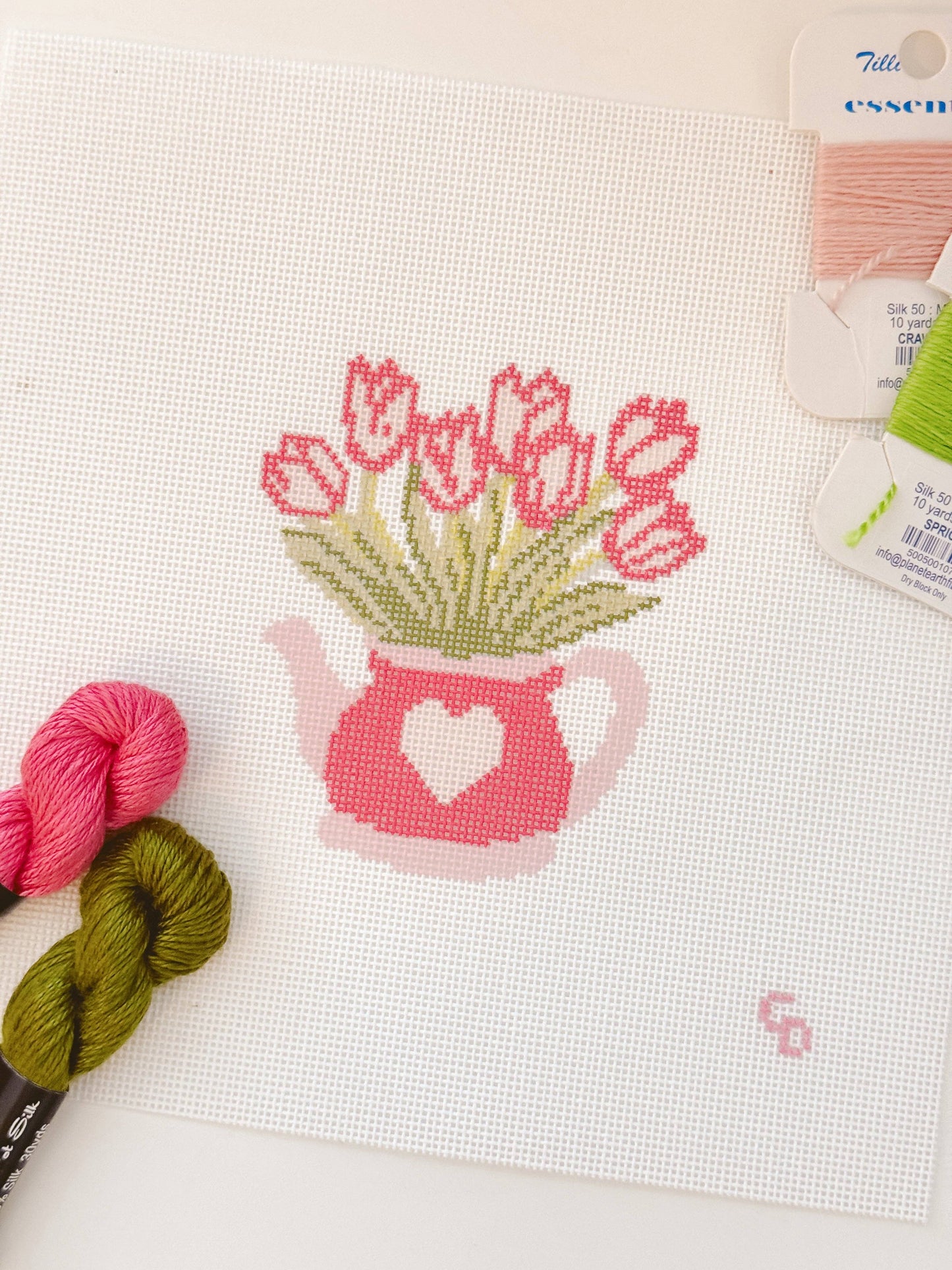 Heart Flower Teapot Needlepoint Canvas, 3”x4", 18 Mesh
