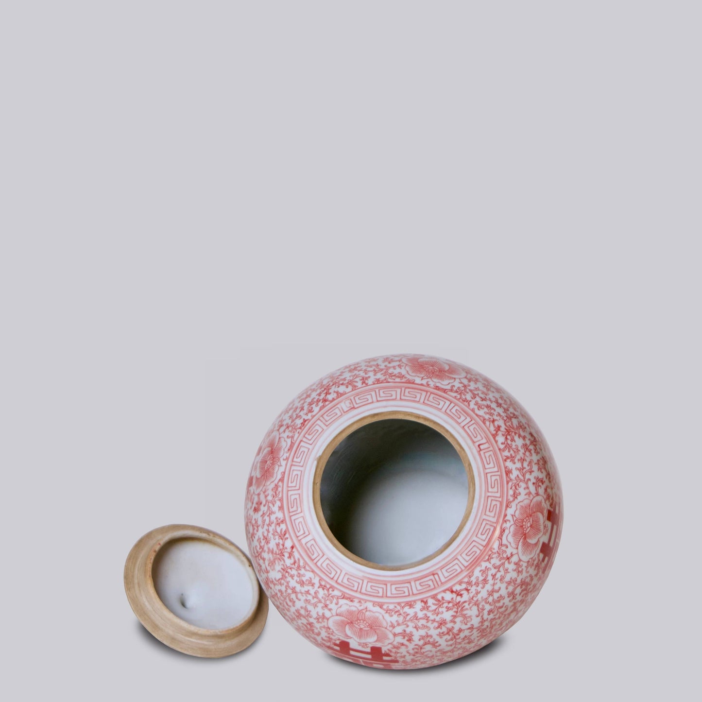 Double Happiness Red & White Squat Porcelain Finial Jar