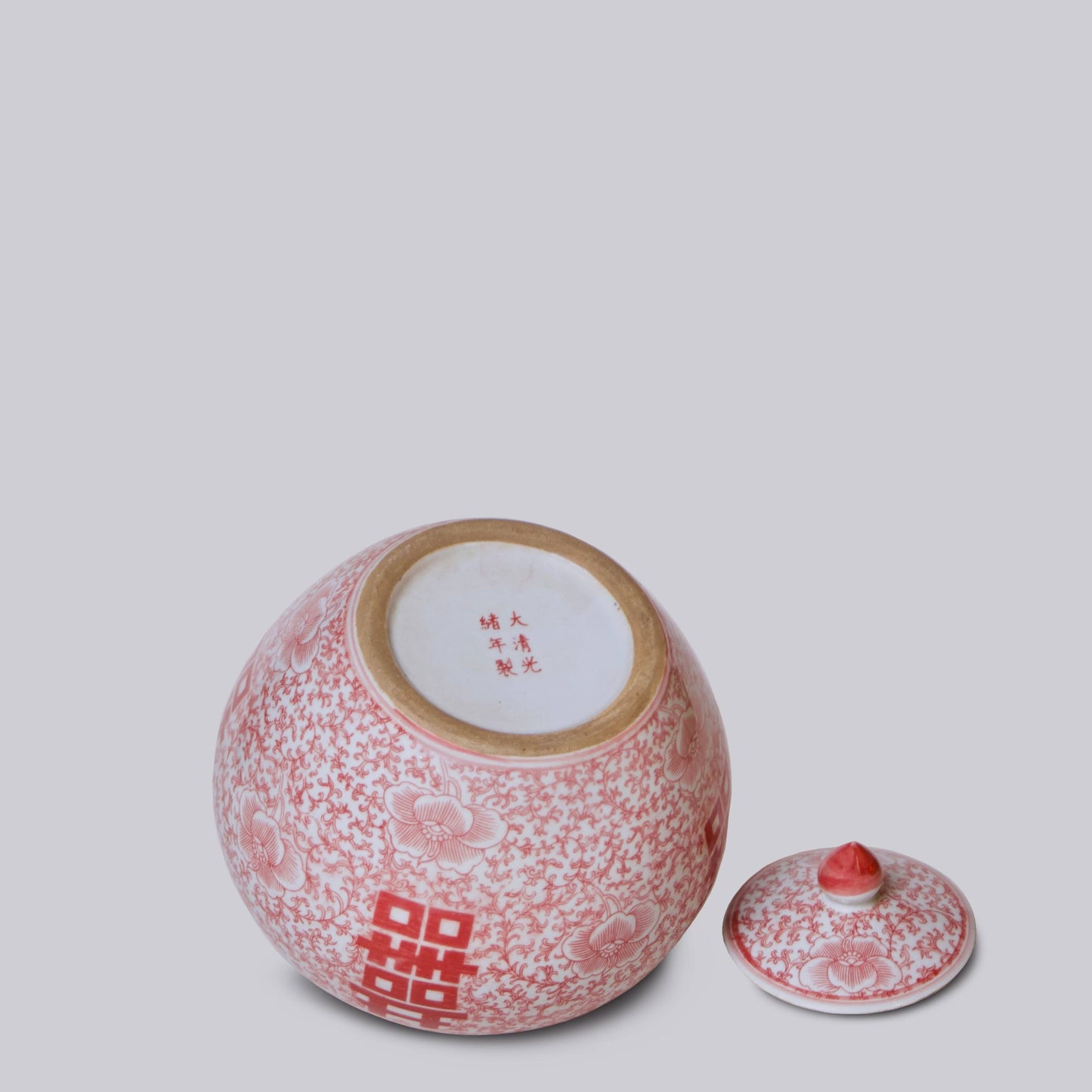 Double Happiness Red & White Squat Porcelain Finial Jar