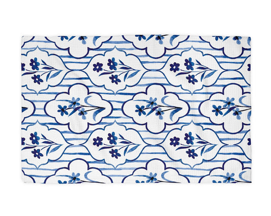 Chinoiserie Floral Kitchen Towel Vase Blue White Spring Bow