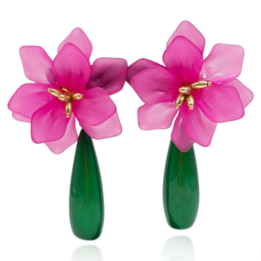 Fuschia Floral Clip On Earring With Green Drop
