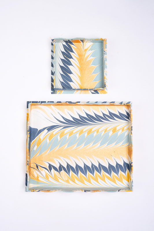 Small Nesting Hand-Marbled Trays- Golden Blue