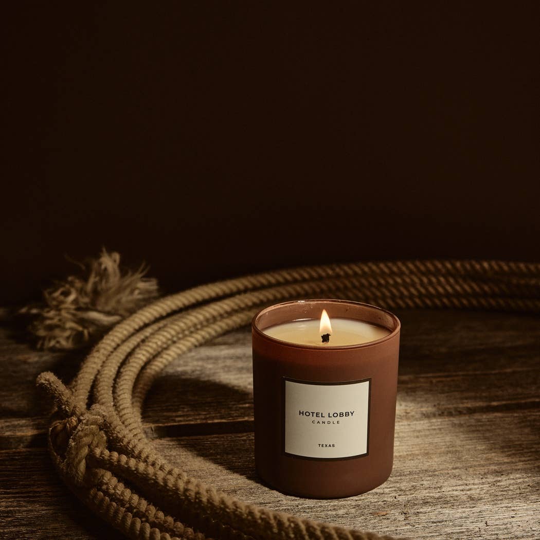 Hotel Lobby Candle - Texas - Leather Cedarwood Luxury Soy Candle - 9.75 oz