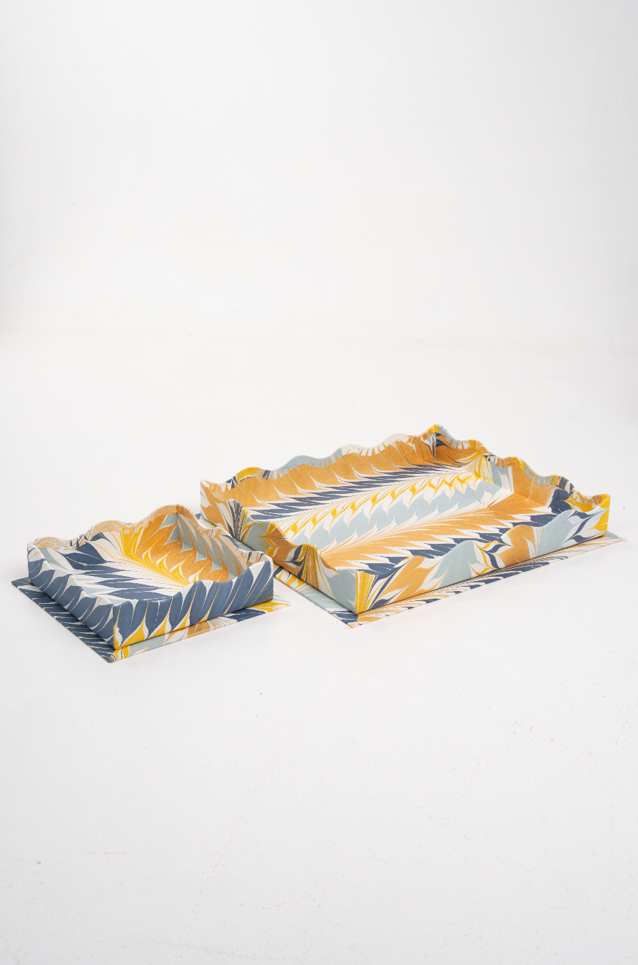 Small Nesting Hand-Marbled Trays- Golden Blue