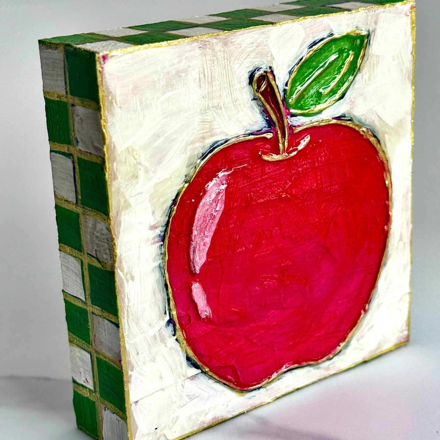 Red Apple Green Check Textured Handpainted Wood Block Art