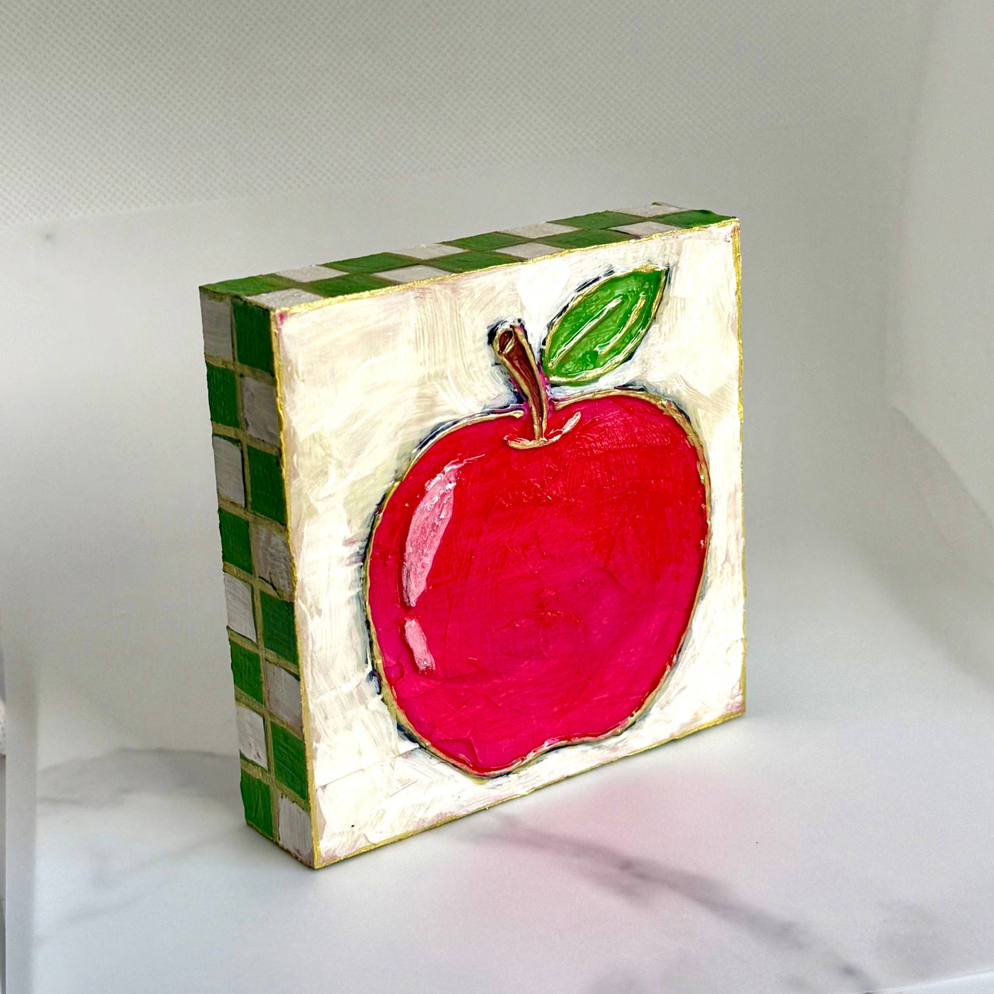 Red Apple Green Check Textured Handpainted Wood Block Art