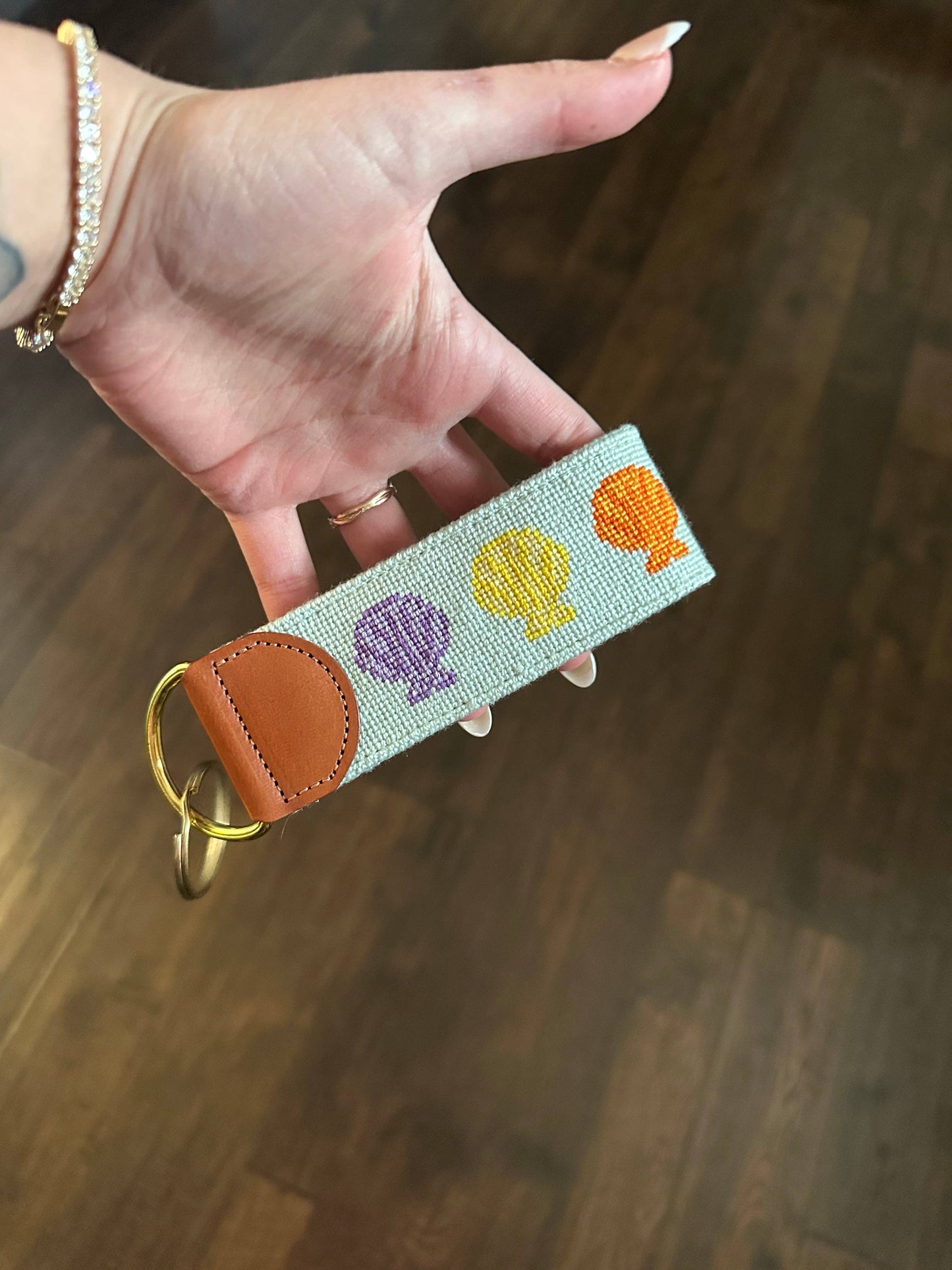 Rainbow Seashell Keychain Key Fob needlepoint