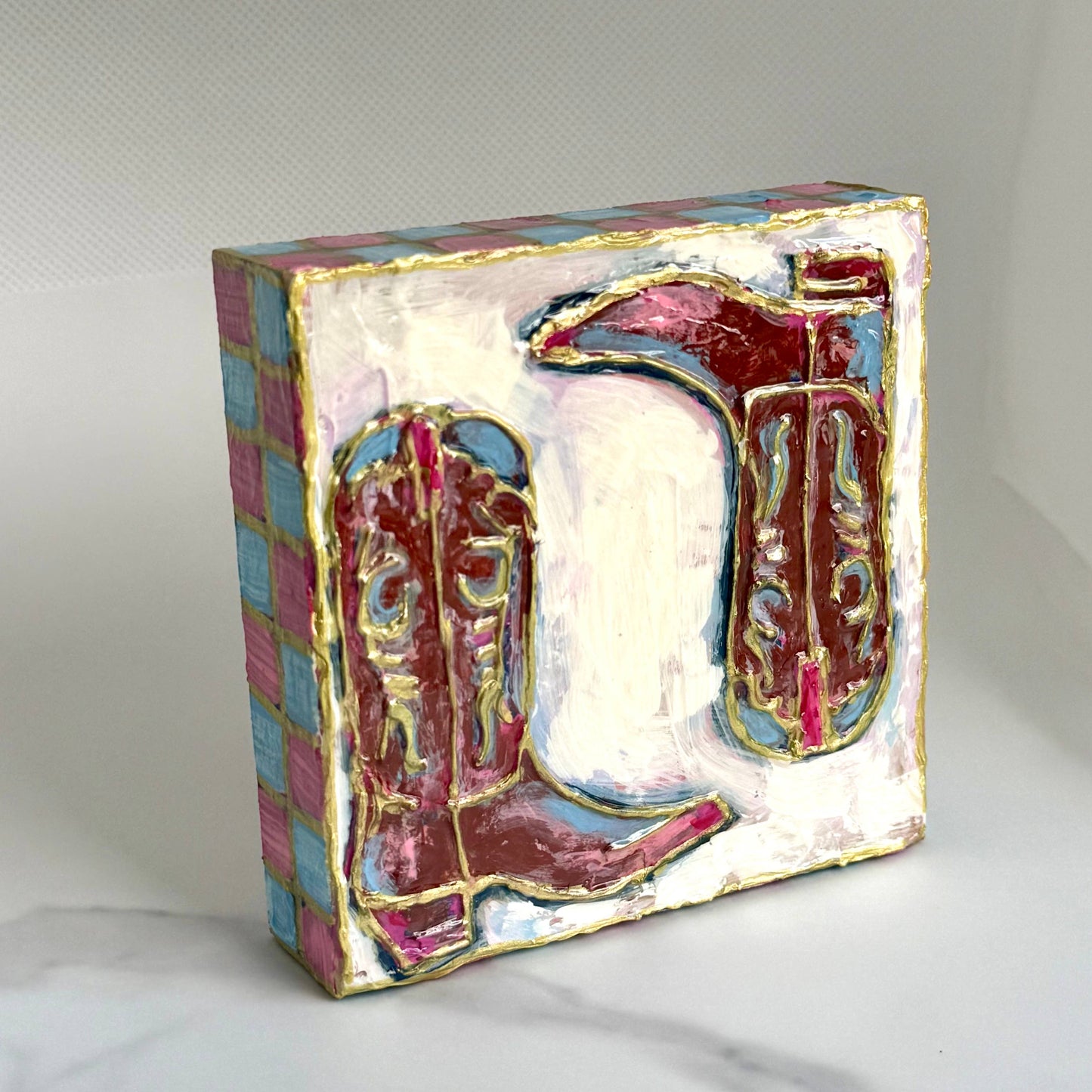 Pastel Cowboy Boots Textured Handpainted Wood Block Art⁠