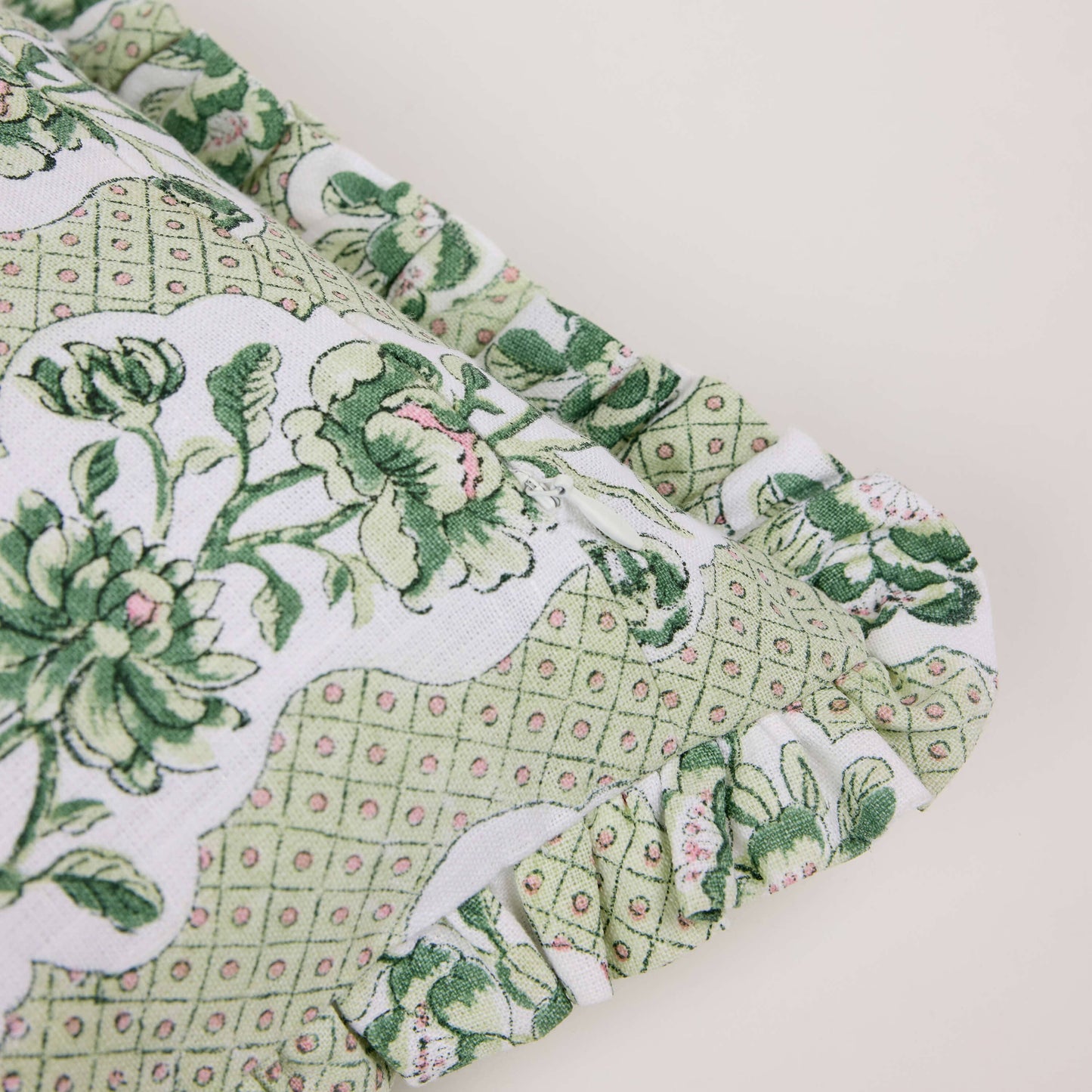 BLOCK PRINTED RUFFLE CUSHION COVER - GREEN BLOOMING TRELLIS