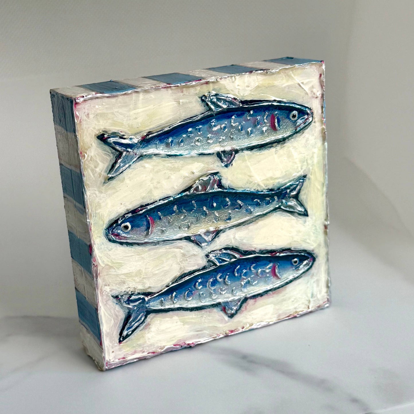 Sardines Textured Handpainted Wood Block Art