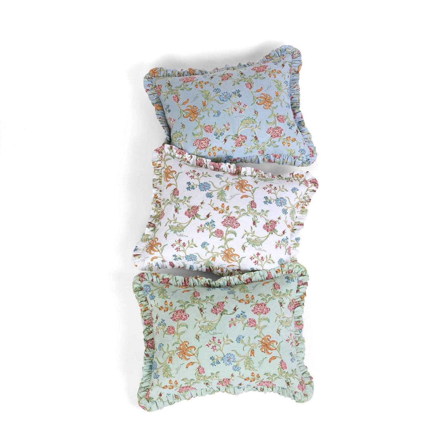 BLOCK-PRINTED RUFFLED CUSHION COVER - SKY VANA