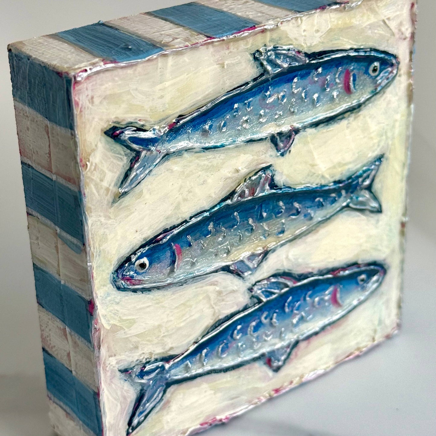 Sardines Textured Handpainted Wood Block Art