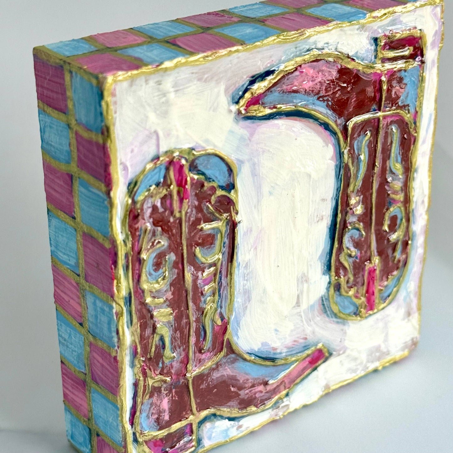 Pastel Cowboy Boots Textured Handpainted Wood Block Art⁠