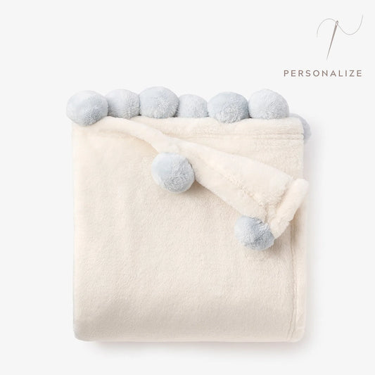 Pale Blue Pom Trim Fleece Baby Stroller Blanket