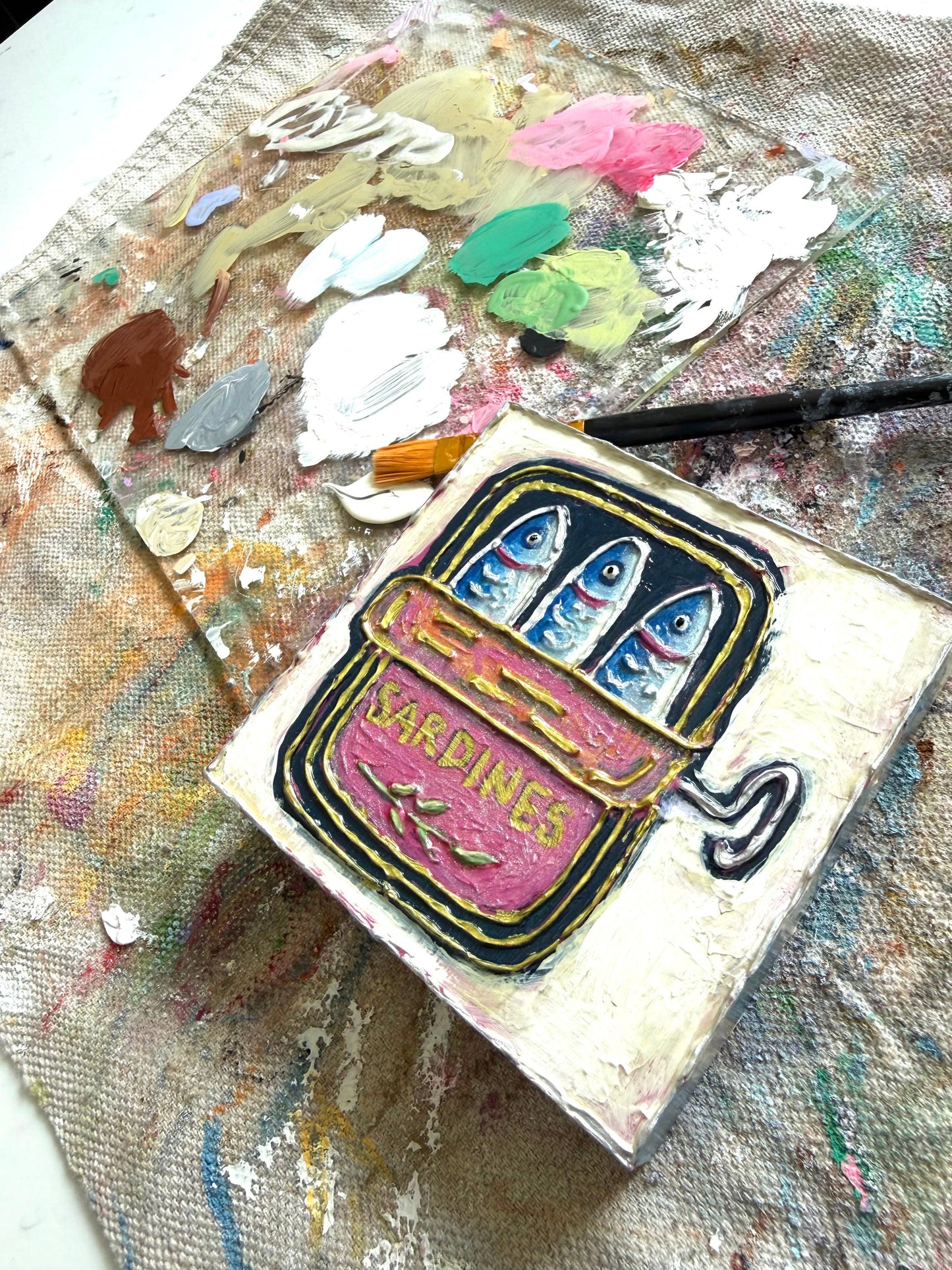 Sardine Tin Textured Handpainted Wood Block Art
