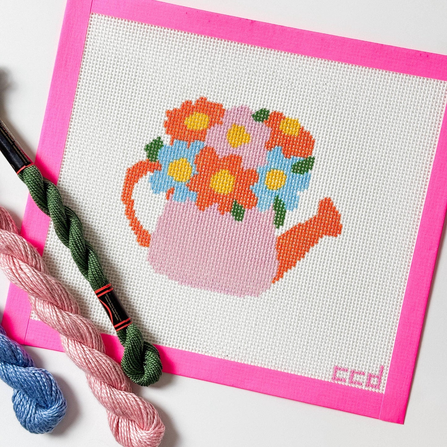 Flower Watering Can Spring Needlepoint Canvas 13 Mesh 5” Design
