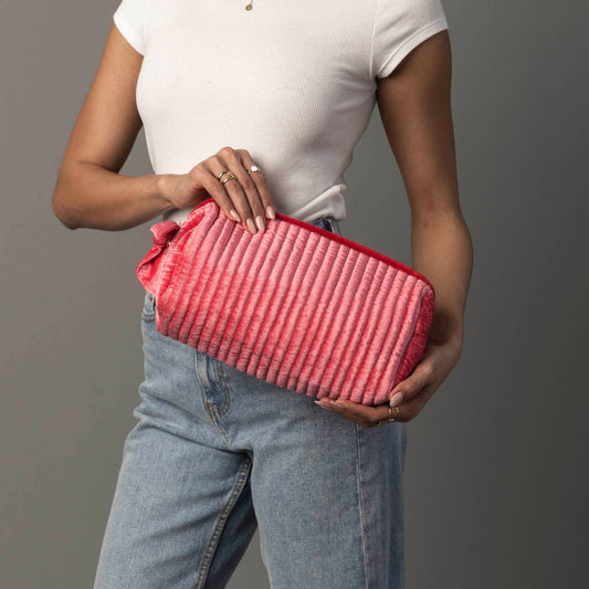 Pink & Red Velvet Ribbed Travel Pouch