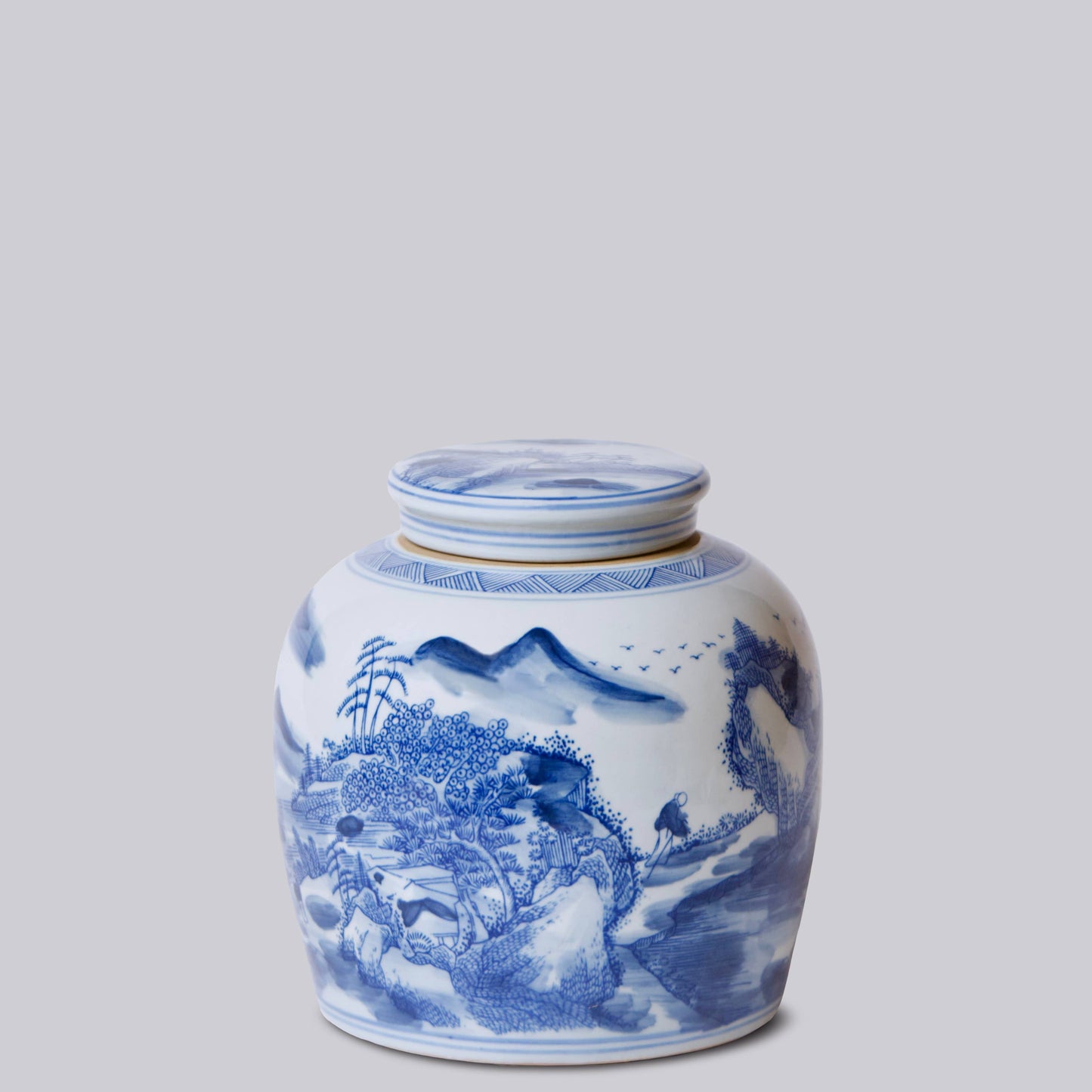 Willow Ware Blue and White Porcelain Round Storage Jar